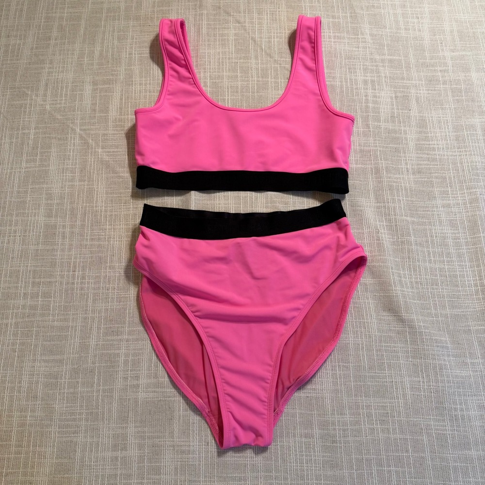 Beth Richards Neon Pink High Waisted Bikini Set Logo Band Sporty Size L